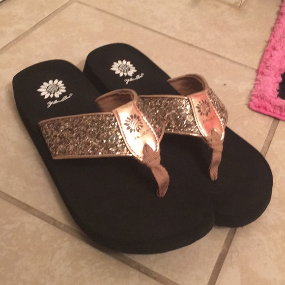 yellow box sparkle flip flops